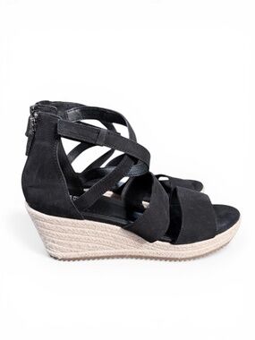 Eileen Fisher Wedge Sandals Womens 9 Black Suede Espadrille Willow Strappy Zip